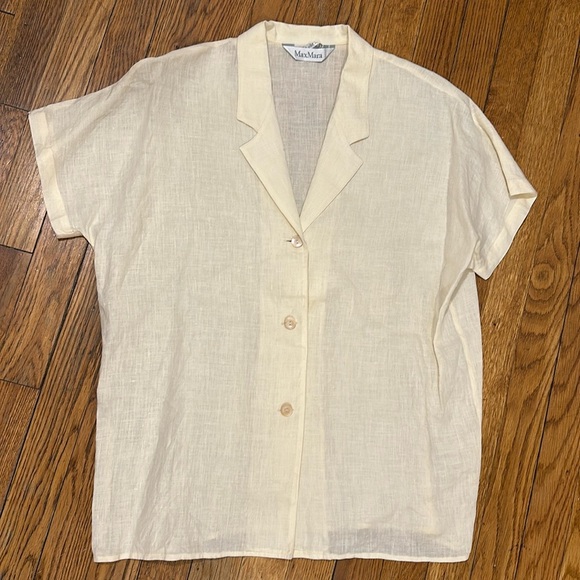MaxMara linen short sleeve button down shirt blouse yellow cream made in Italy - Picture 1 of 7